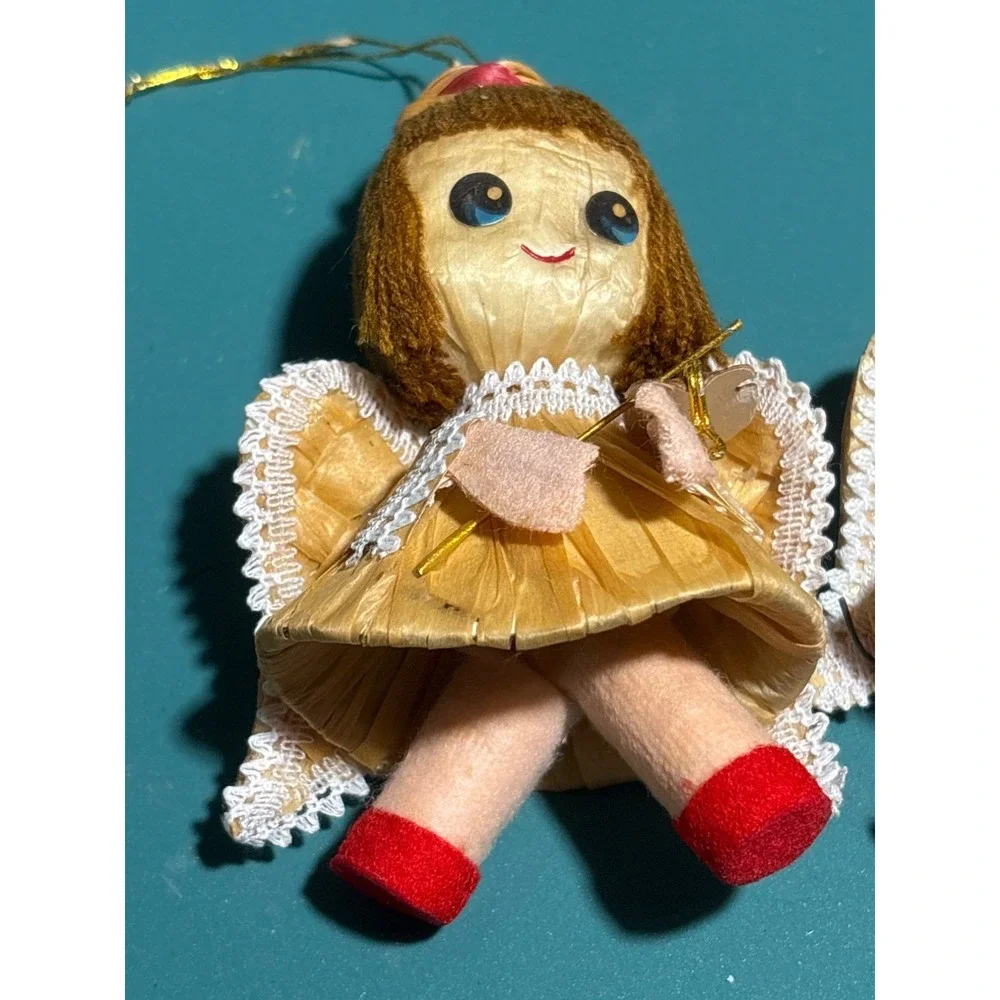 VTG Set Of‎ 3 Handmade Straw Angel Ornaments With Red Shoes & Golden Harps